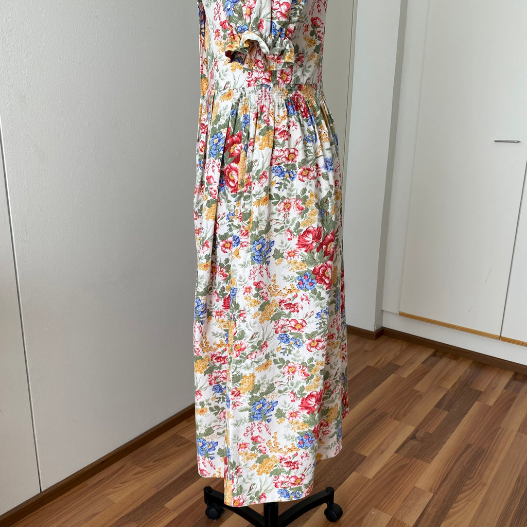 80s ALPHORN Floral Midi Dirndl Dress-Bavarian Puff Sleeves Trachten Dress