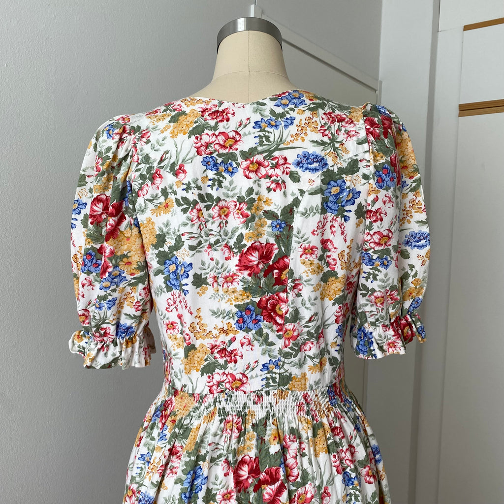 80s ALPHORN Floral Midi Dirndl Dress-Bavarian Puff Sleeves Trachten Dress