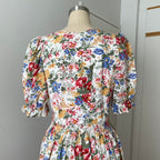 80s ALPHORN Floral Midi Dirndl Dress-Bavarian Puff Sleeves Trachten Dress