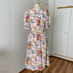80s ALPHORN Floral Midi Dirndl Dress-Bavarian Puff Sleeves Trachten Dress
