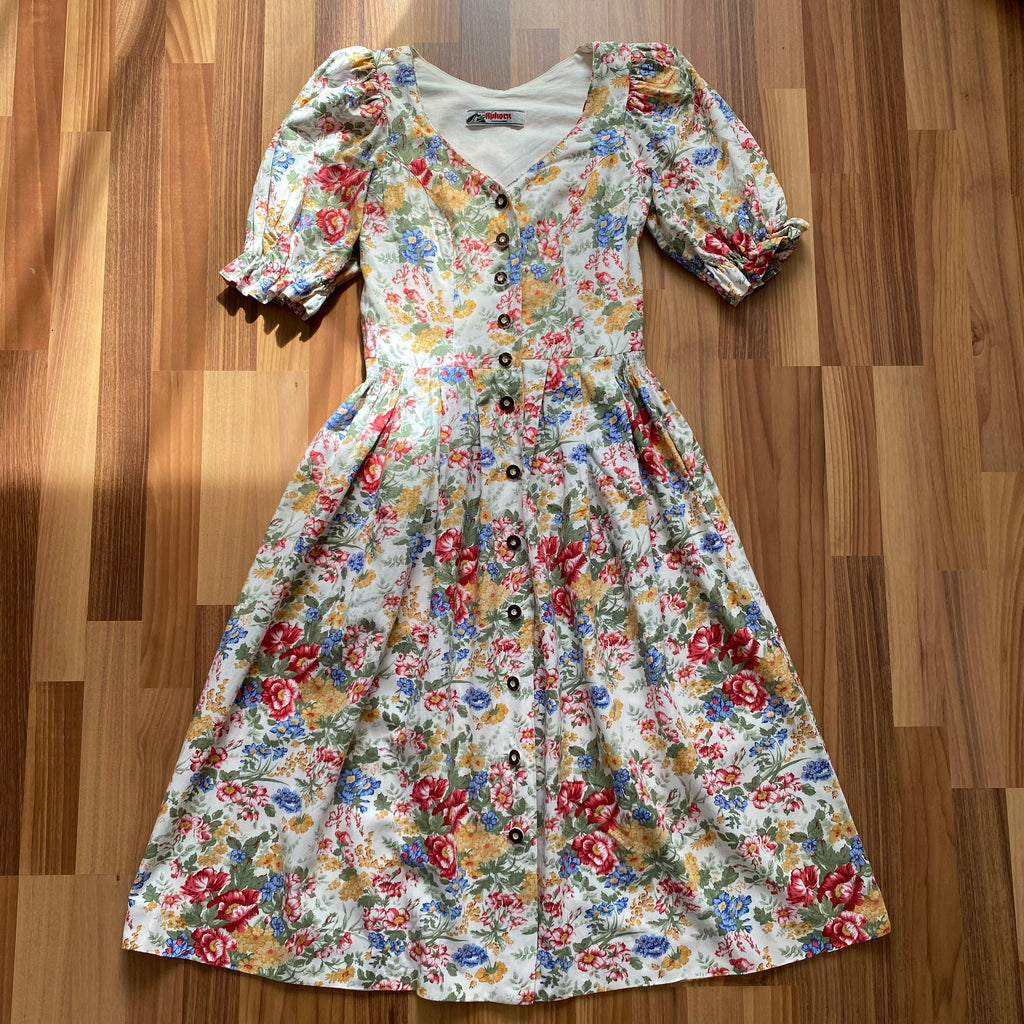 80s ALPHORN Floral Midi Dirndl Dress-Bavarian Puff Sleeves Trachten Dress