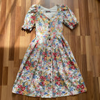 80s ALPHORN Floral Midi Dirndl Dress-Bavarian Puff Sleeves Trachten Dress