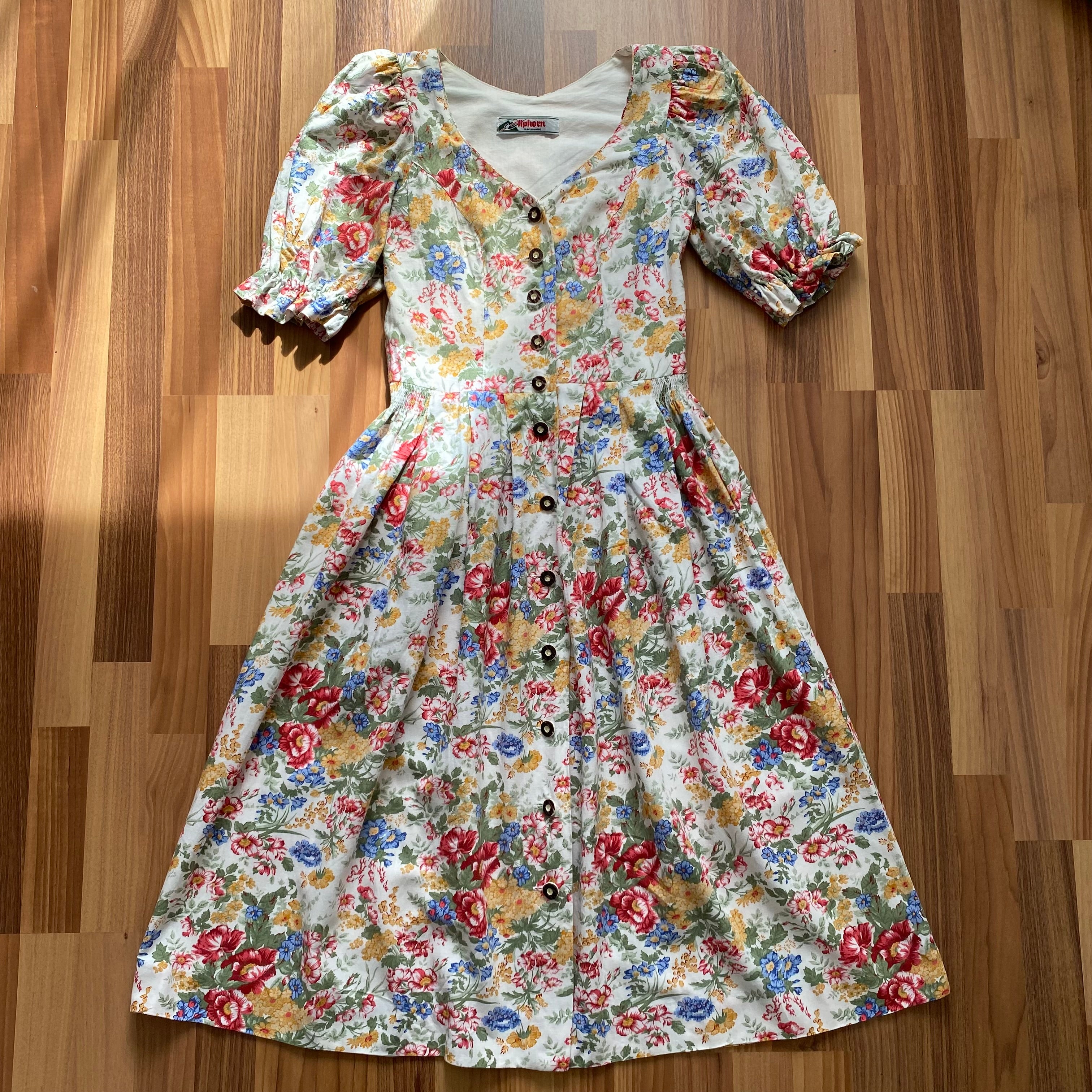 80s ALPHORN Floral Midi Dirndl Dress-Bavarian Puff Sleeves Trachten Dress