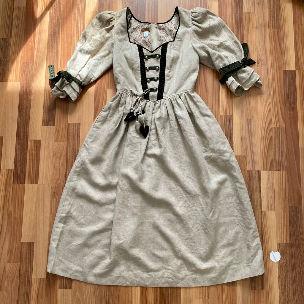 80s INZY DESIGN Linen Trachten Dress-Puff Sleeves Austrian Dirndl Dress
