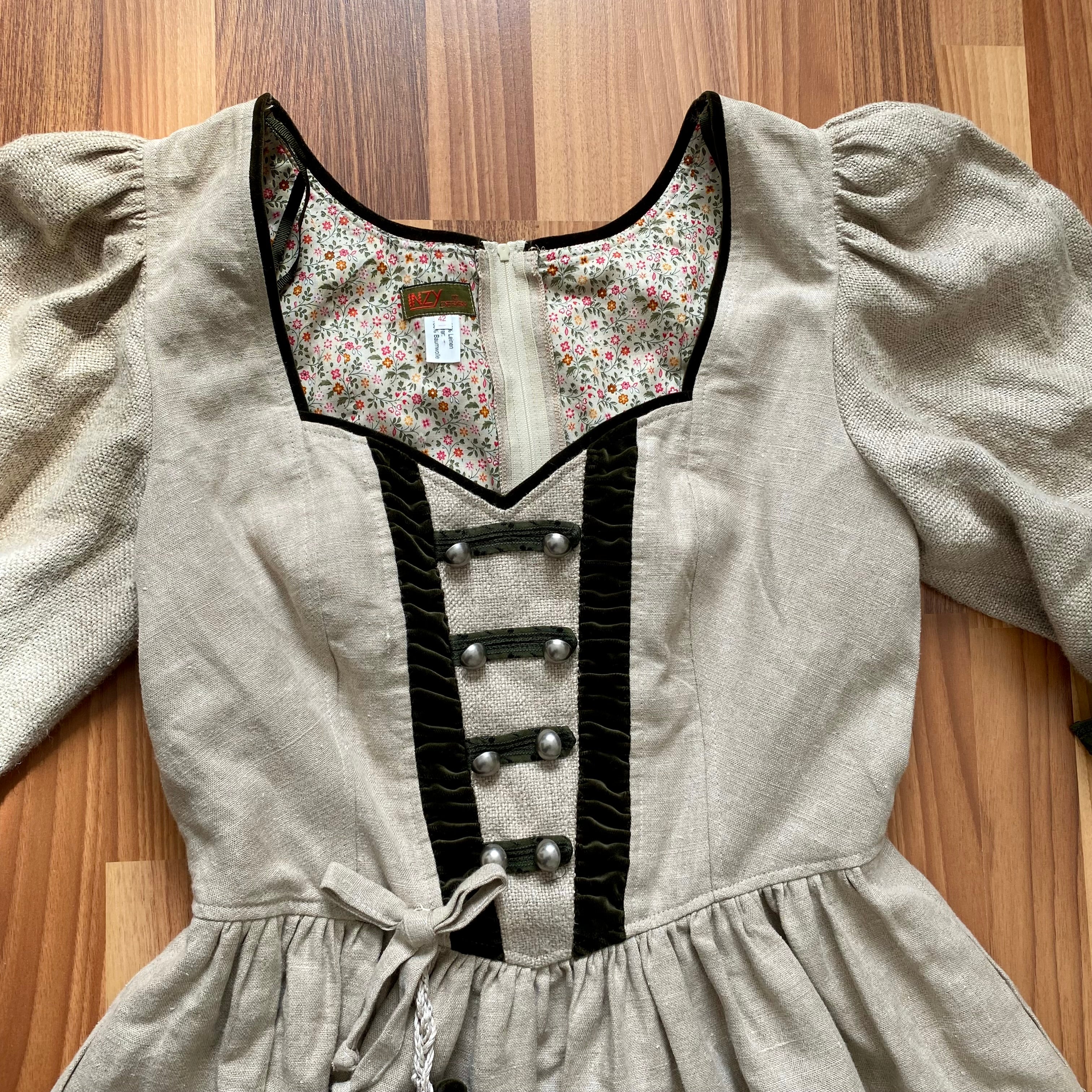 80s INZY DESIGN Linen Trachten Dress-Puff Sleeves Austrian Dirndl Dress