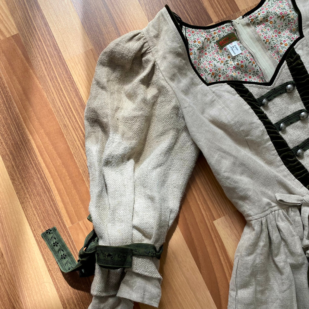 80s INZY DESIGN Linen Trachten Dress-Puff Sleeves Austrian Dirndl Dress