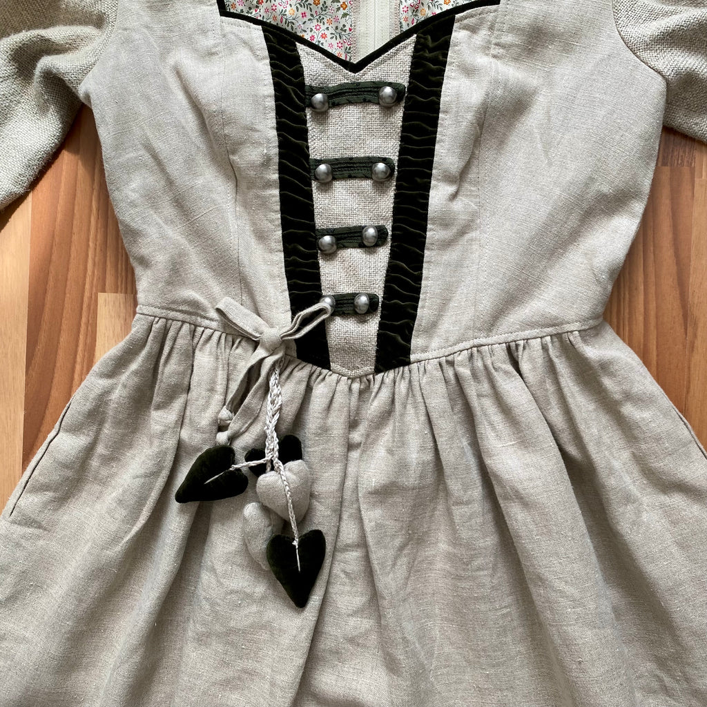80s INZY DESIGN Linen Trachten Dress-Puff Sleeves Austrian Dirndl Dress