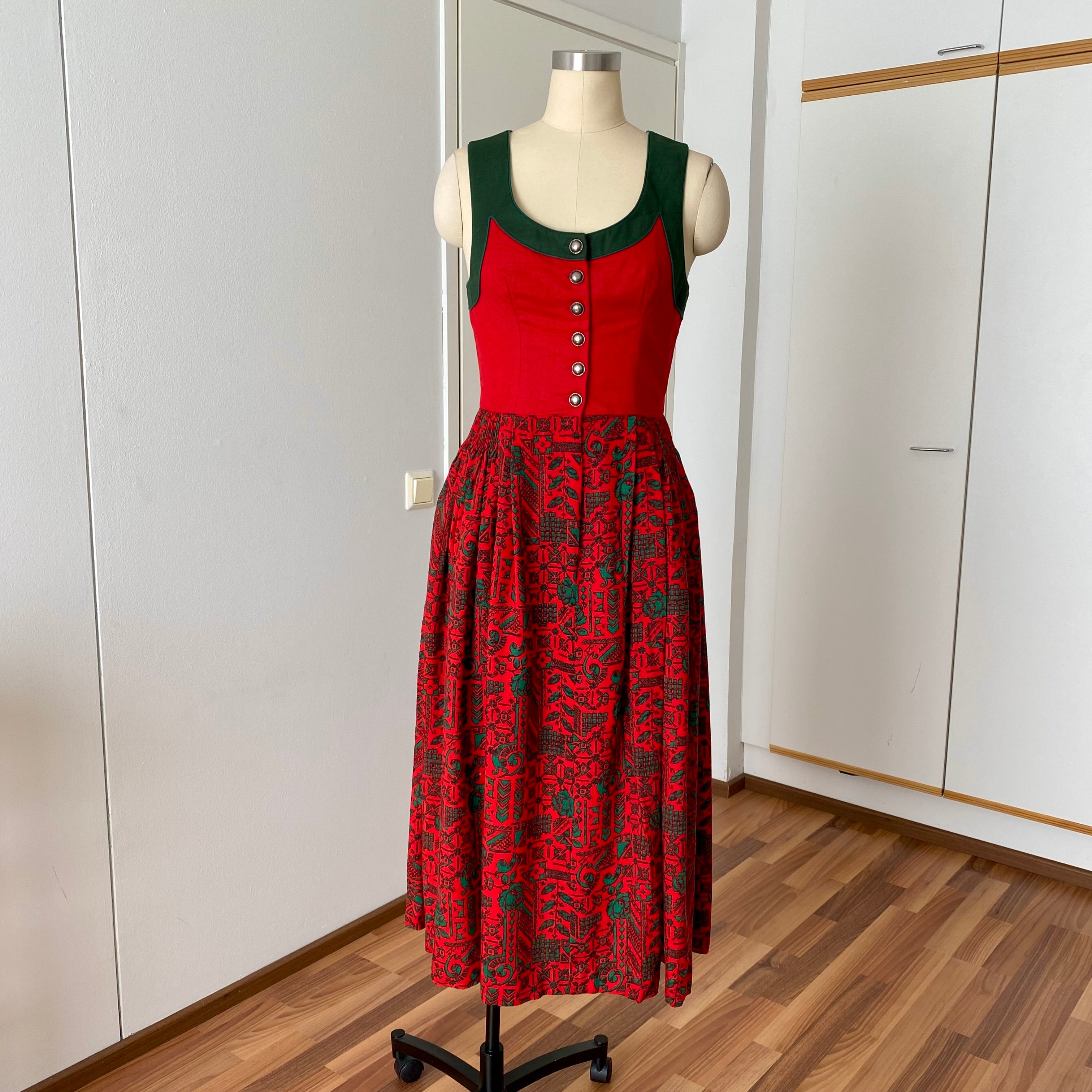 Vintage Bavarian Trachten Dirndl Dress-Austrian Folk Print Oktoberfest Dress