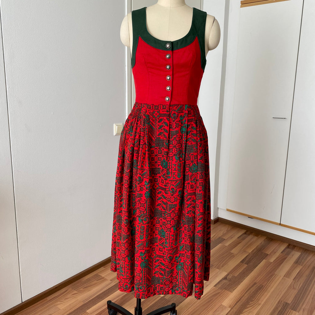 Vintage Bavarian Trachten Dirndl Dress-Austrian Folk Print Oktoberfest Dress
