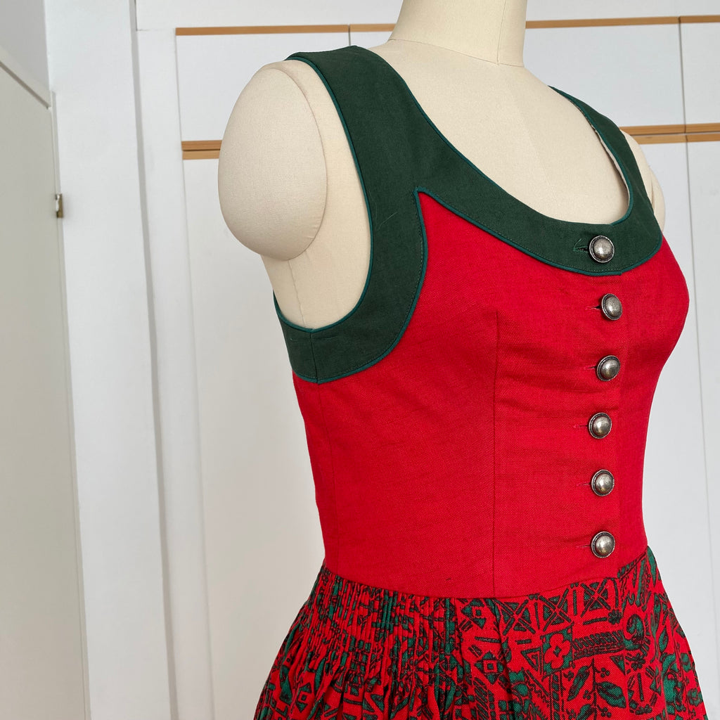 Vintage Bavarian Trachten Dirndl Dress-Austrian Folk Print Oktoberfest Dress