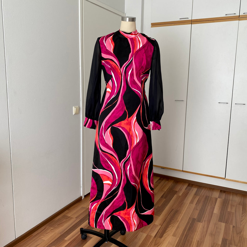 1970s MK MODELL Psychedelic Maxi Dress-Diolen Apart Mod Long Sleeves Evening Dress