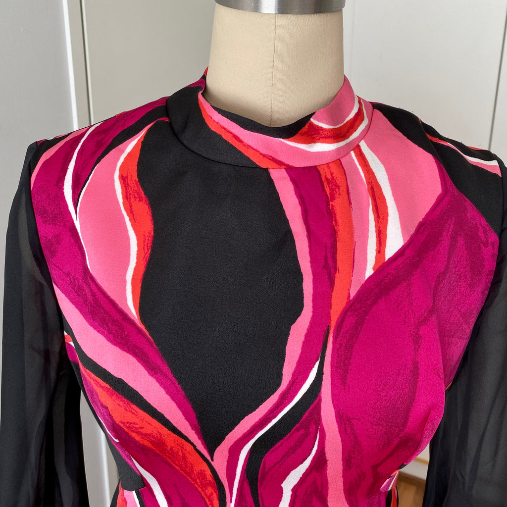 1970s MK MODELL Psychedelic Maxi Dress-Diolen Apart Mod Long Sleeves Evening Dress