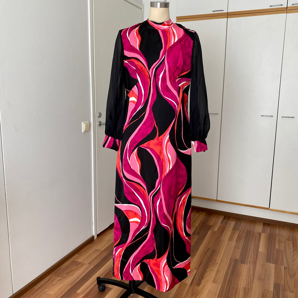 1970s MK MODELL Psychedelic Maxi Dress-Diolen Apart Mod Long Sleeves Evening Dress