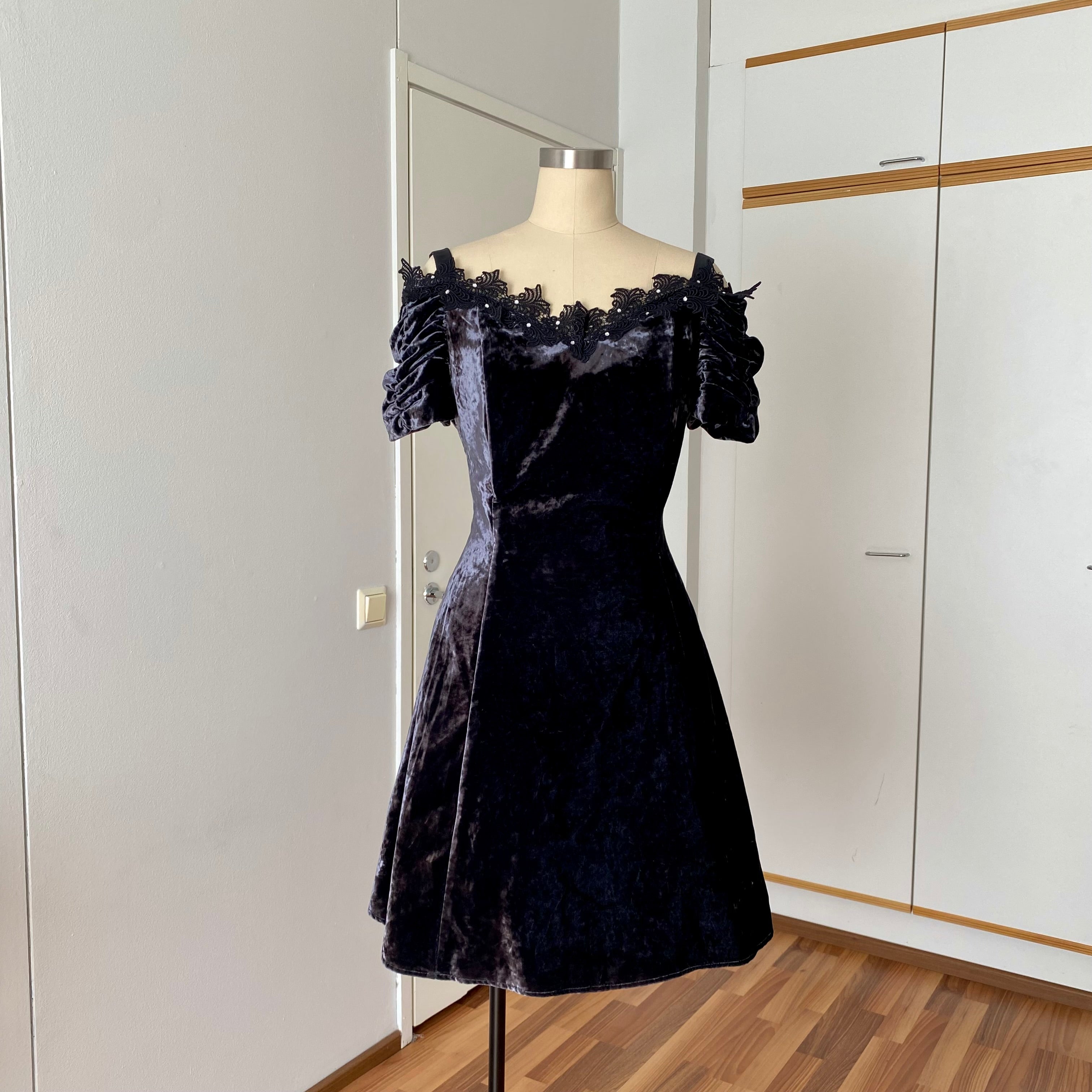 1990s Velvet Lace Trim Party Dress-Whimsygoth Off Shoulder Mini Dress