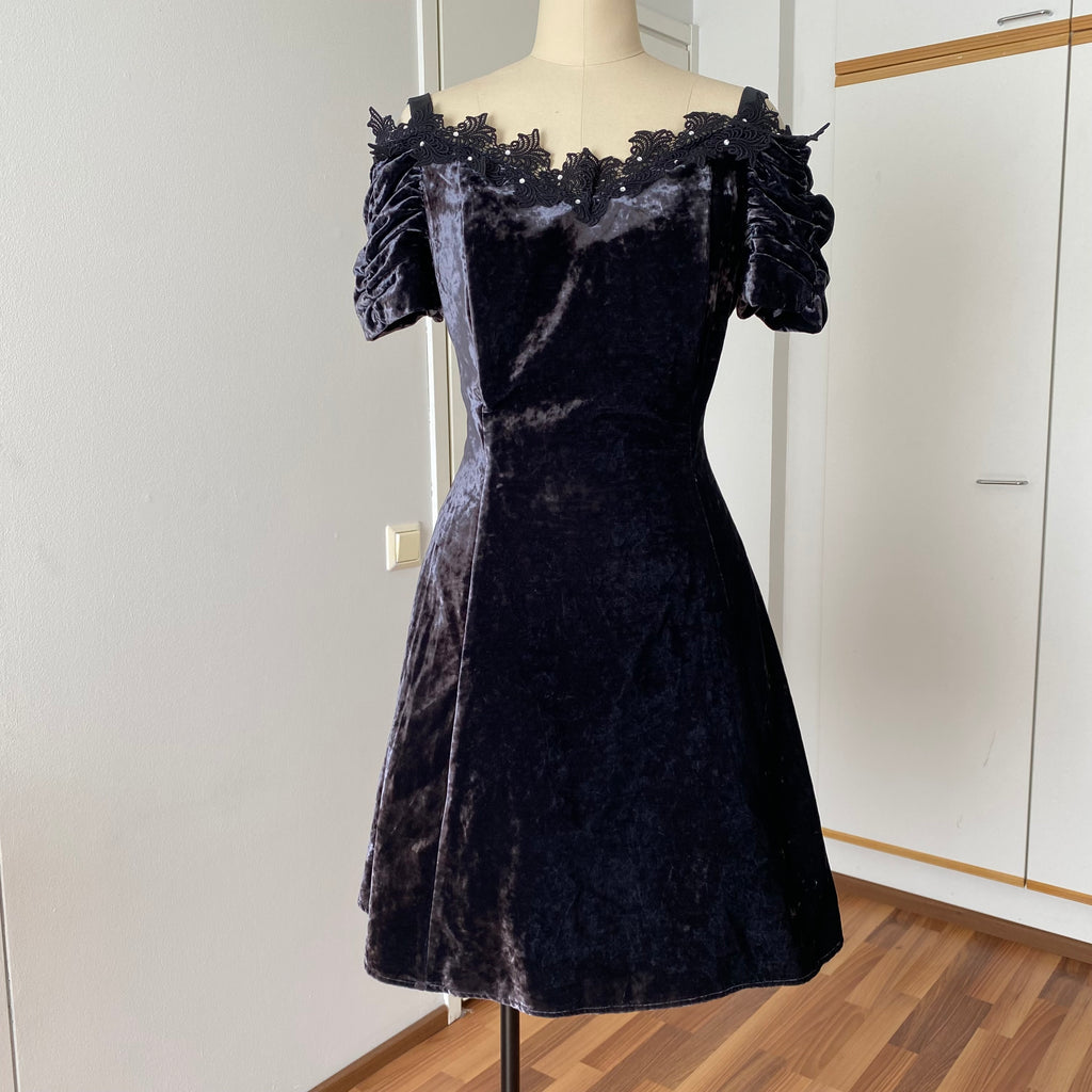1990s Velvet Lace Trim Party Dress-Whimsygoth Off Shoulder Mini Dress