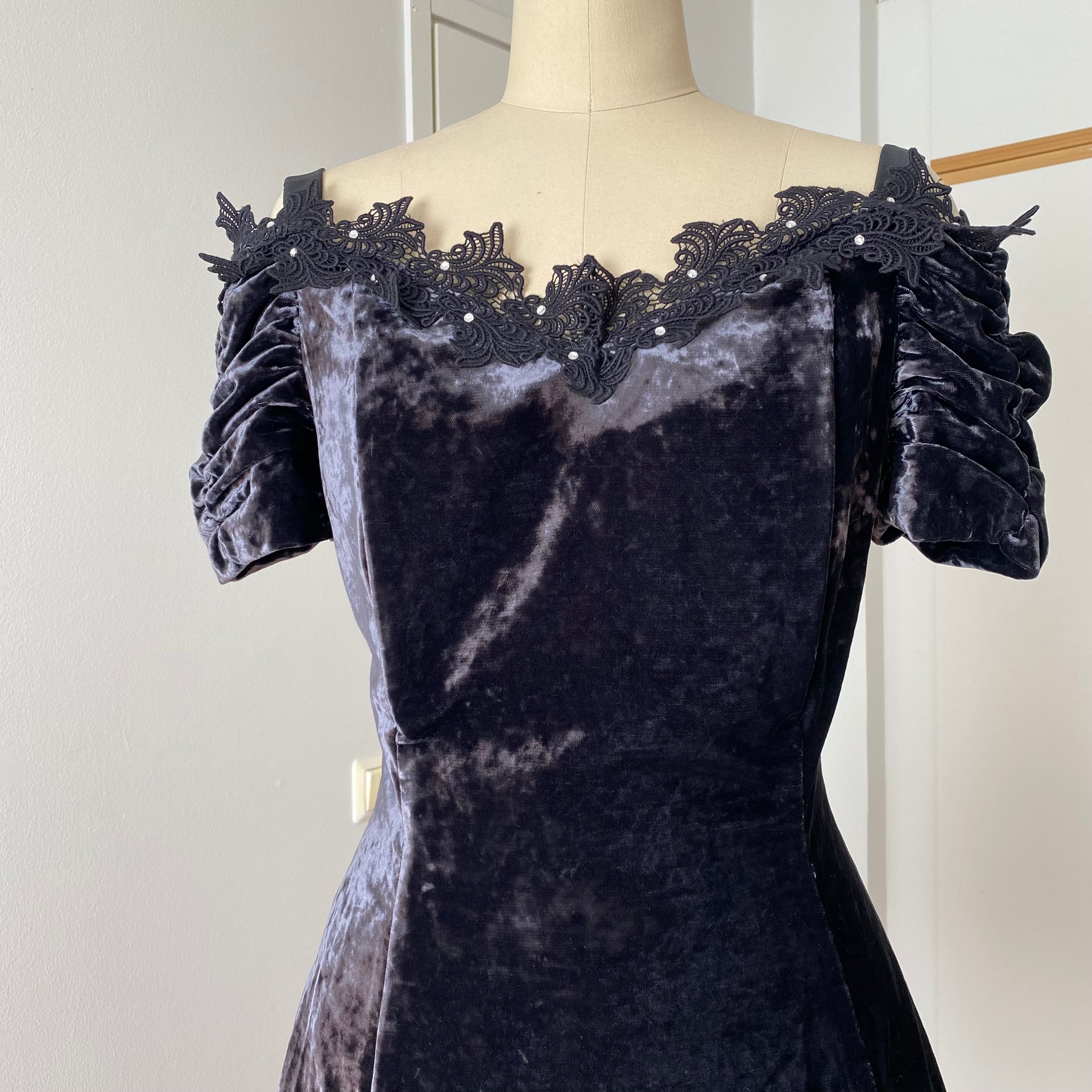 1990s Velvet Lace Trim Party Dress-Whimsygoth Off Shoulder Mini Dress