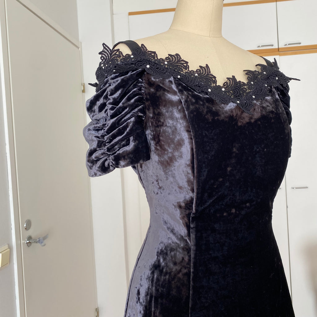 1990s Velvet Lace Trim Party Dress-Whimsygoth Off Shoulder Mini Dress