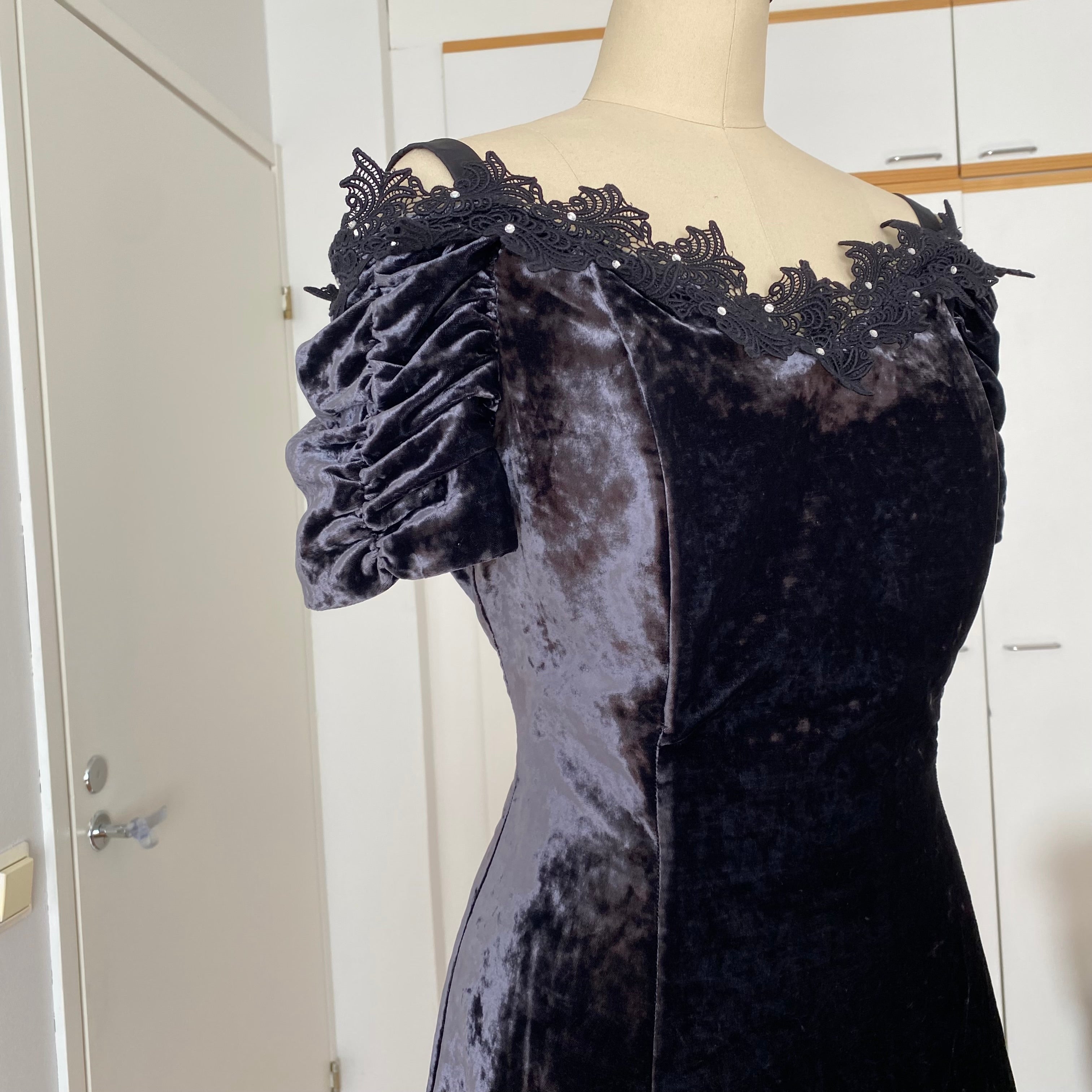 1990s Velvet Lace Trim Party Dress-Whimsygoth Off Shoulder Mini Dress