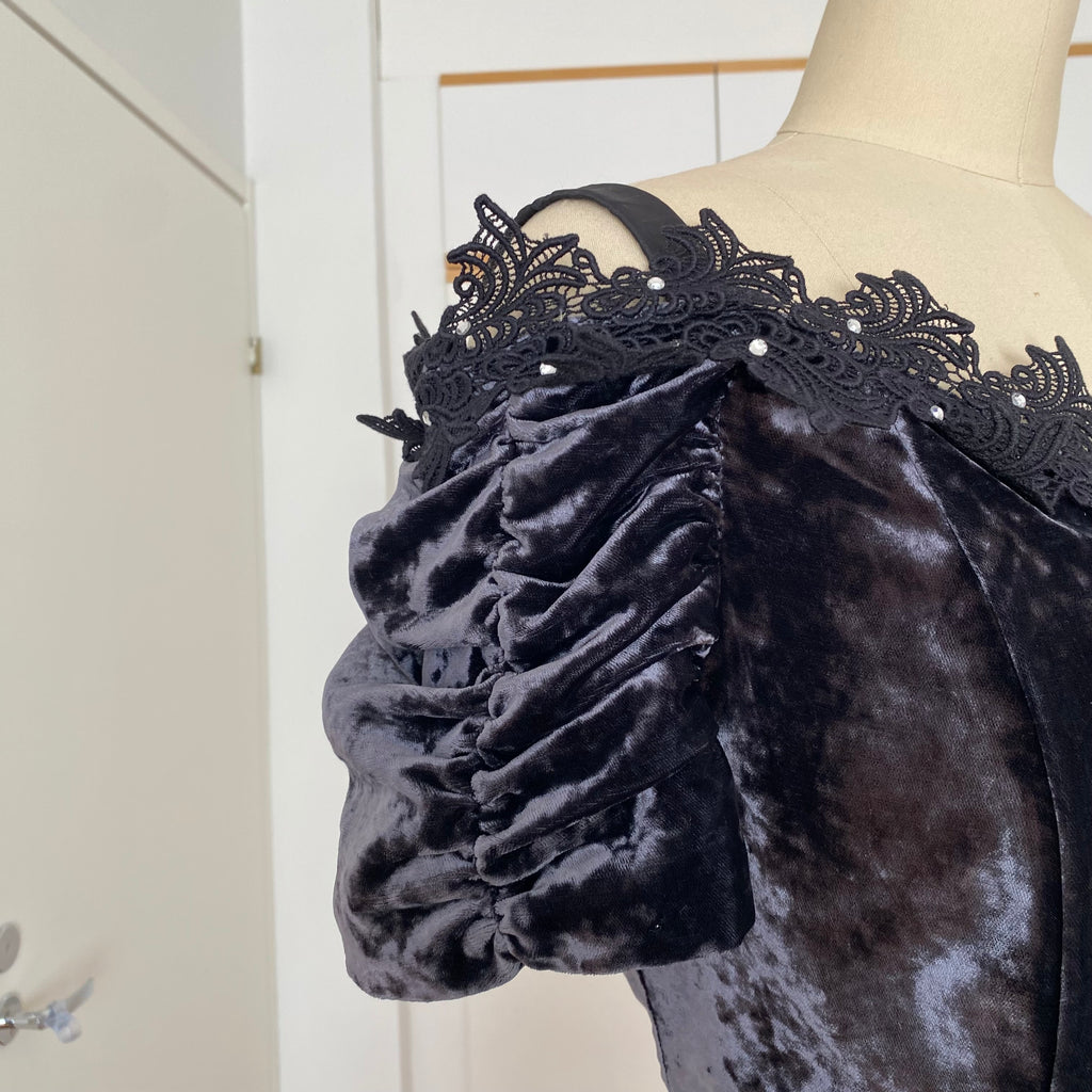 1990s Velvet Lace Trim Party Dress-Whimsygoth Off Shoulder Mini Dress