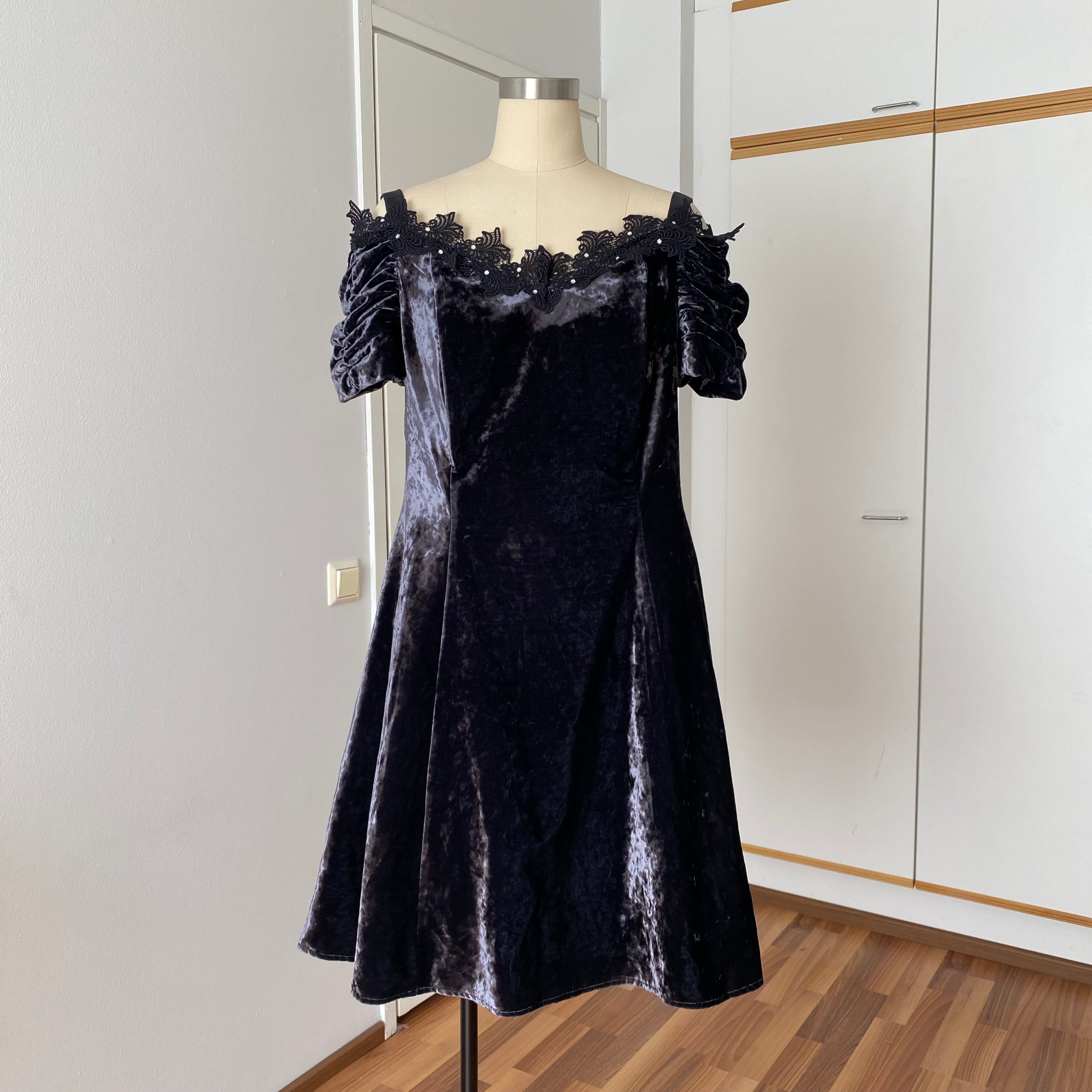1990s Velvet Lace Trim Party Dress-Whimsygoth Off Shoulder Mini Dress