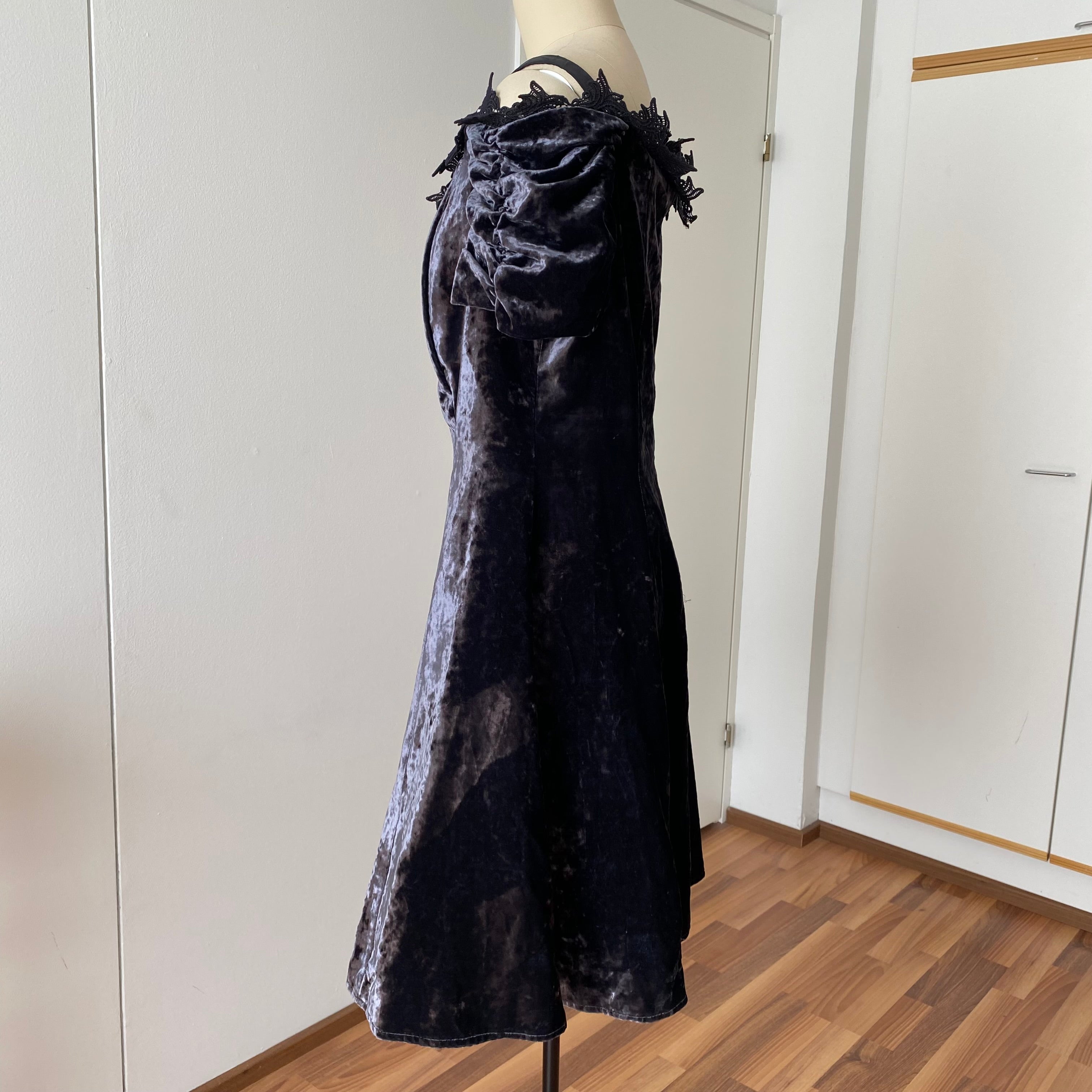 1990s Velvet Lace Trim Party Dress-Whimsygoth Off Shoulder Mini Dress