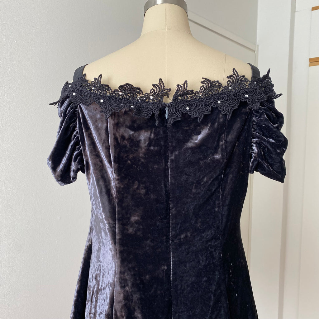 1990s Velvet Lace Trim Party Dress-Whimsygoth Off Shoulder Mini Dress