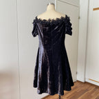 1990s Velvet Lace Trim Party Dress-Whimsygoth Off Shoulder Mini Dress