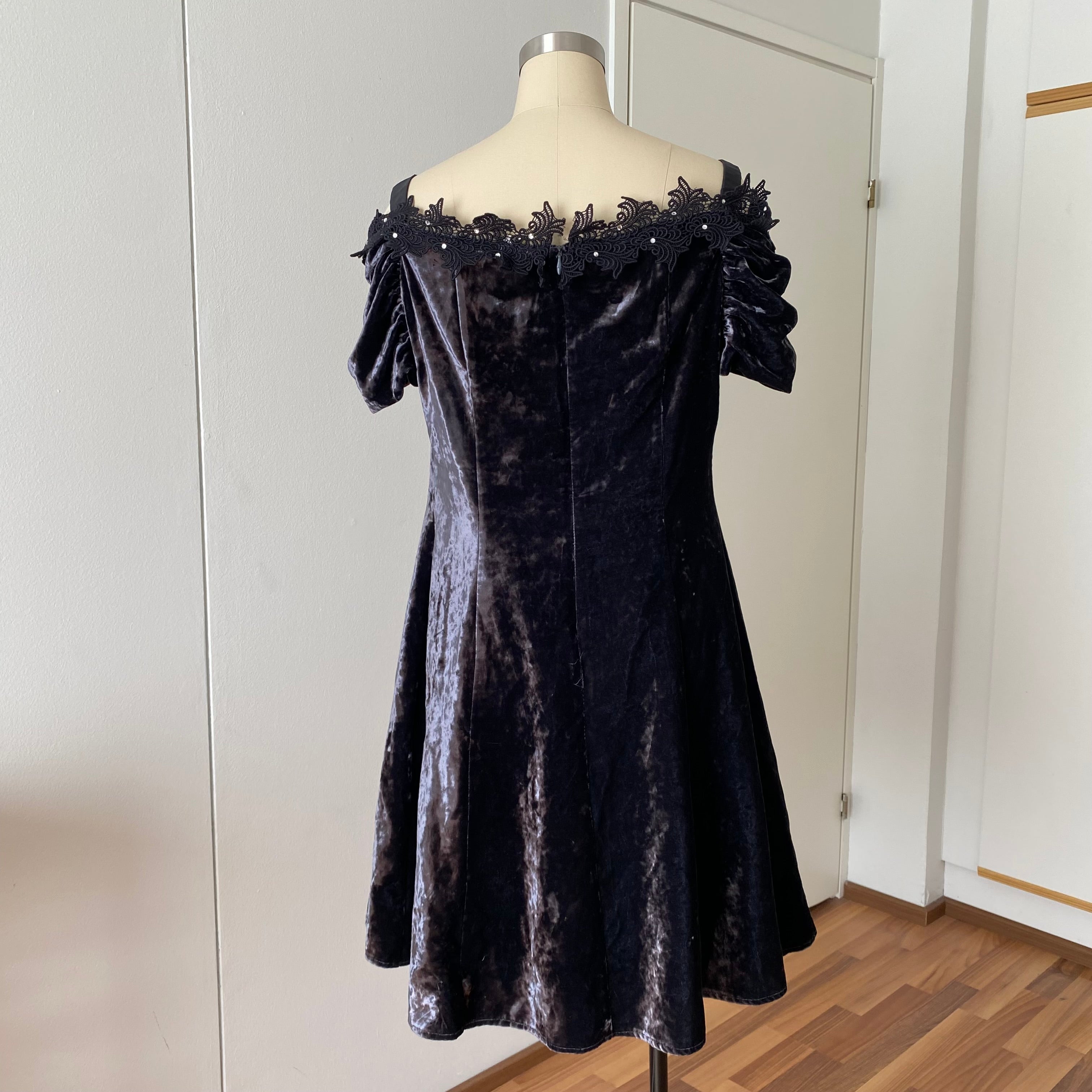 1990s Velvet Lace Trim Party Dress-Whimsygoth Off Shoulder Mini Dress
