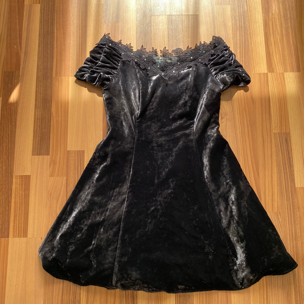 1990s Velvet Lace Trim Party Dress-Whimsygoth Off Shoulder Mini Dress