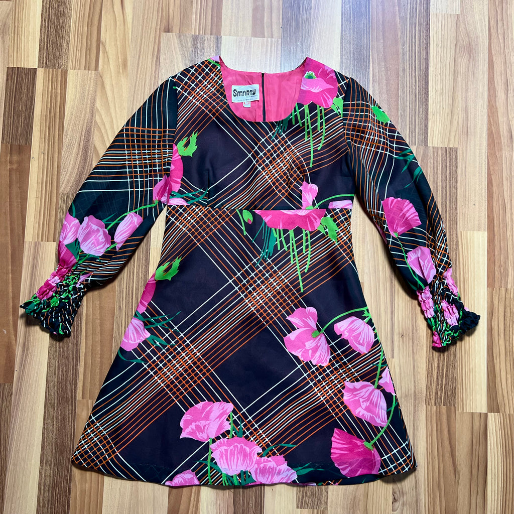 1970s Vintage Floral Mod Mini Dress-Long Sleeves Aline Groovy Dress EU 38