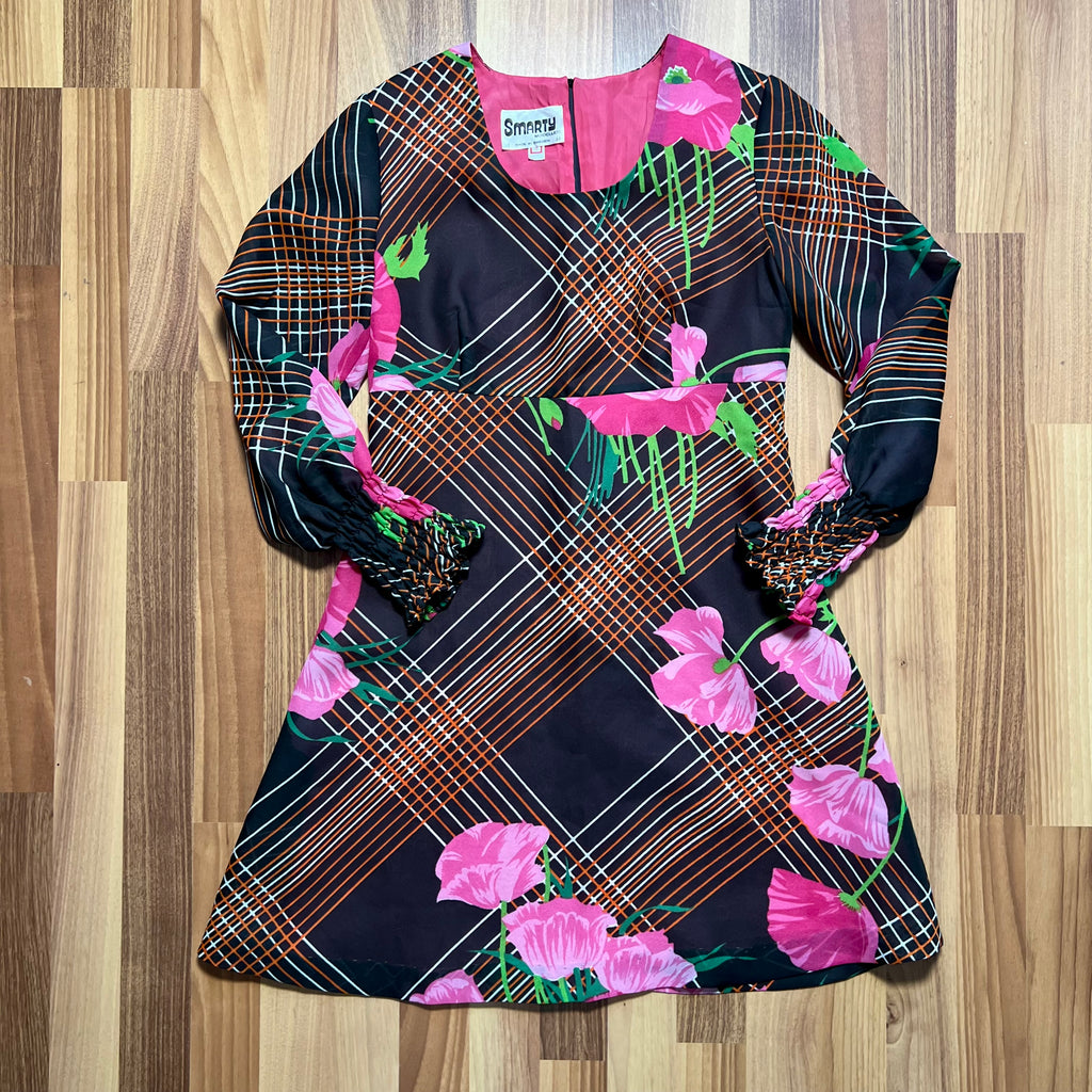 1970s Vintage Floral Mod Mini Dress-Long Sleeves Aline Groovy Dress EU 38