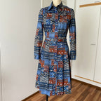 1970s BETTY BARCLAY Boho Shirt Dress-Patchwork Print Belted Hippie Folk Midi Dress