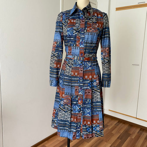 1970s BETTY BARCLAY Boho Shirt Dress-Patchwork Print Belted Hippie Folk Midi Dress