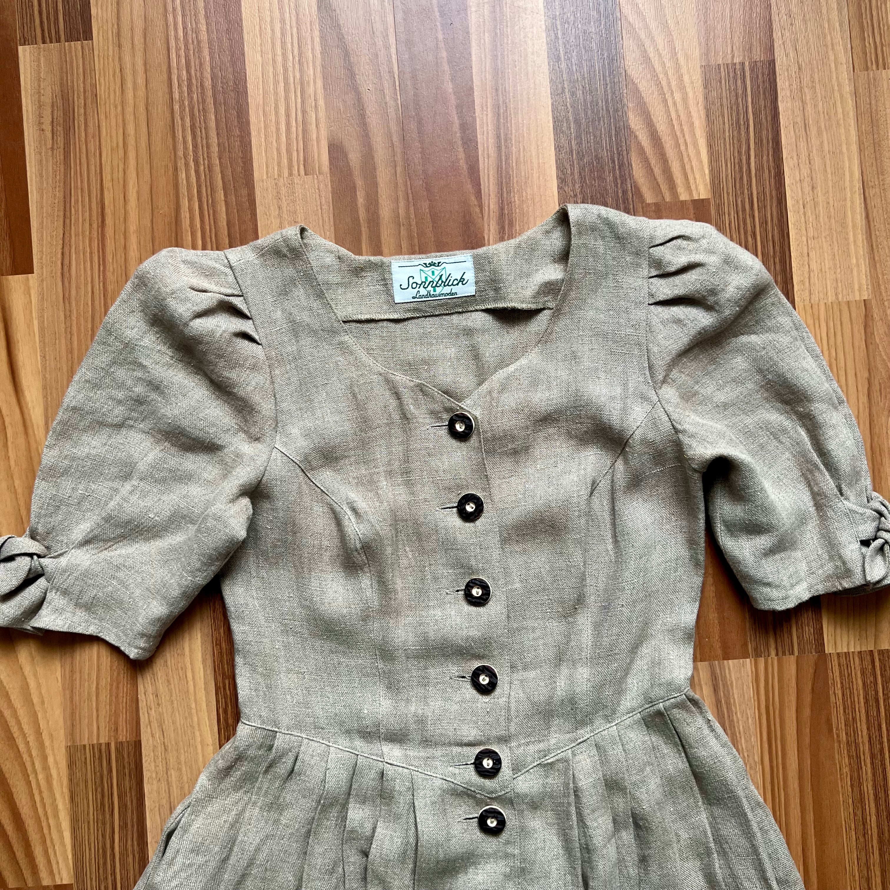 Vintage Brown Linen Trachten Dress Puff Sleeves Austrian Folk Cottagecore Tyrol Dress EU 38