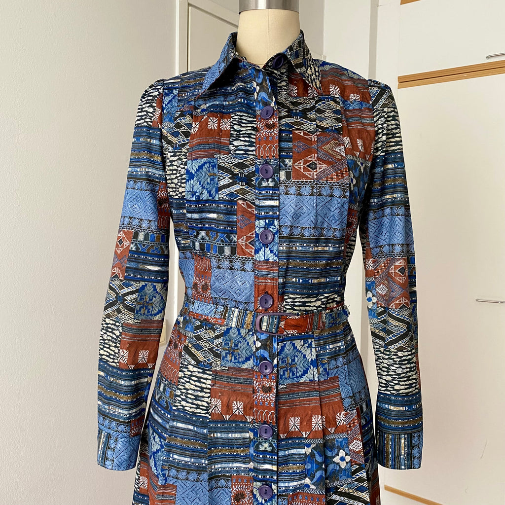 1970s BETTY BARCLAY Boho Shirt Dress-Patchwork Print Belted Hippie Folk Midi Dress