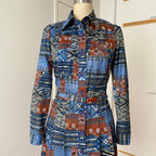 1970s BETTY BARCLAY Boho Shirt Dress-Patchwork Print Belted Hippie Folk Midi Dress