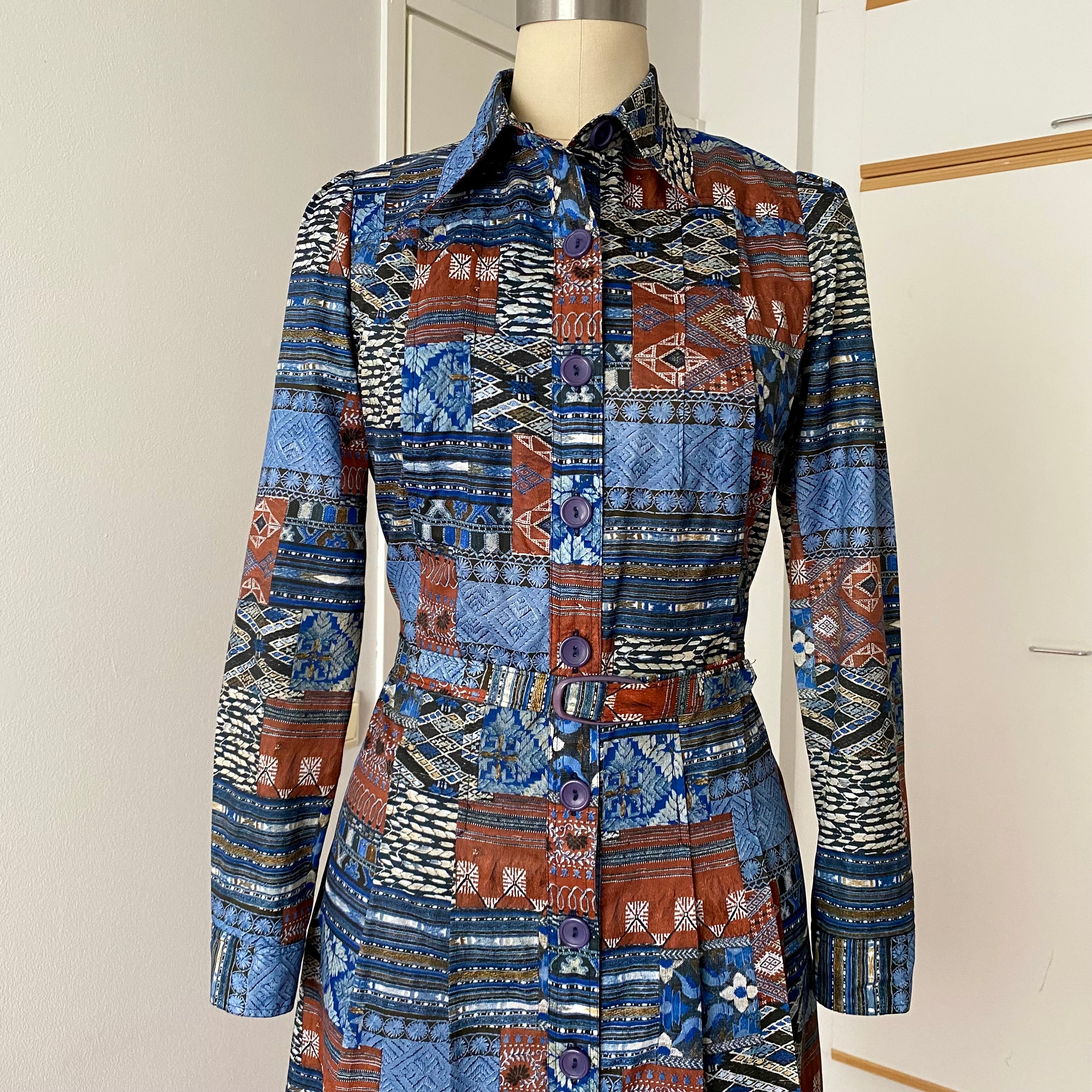 1970s BETTY BARCLAY Boho Shirt Dress-Patchwork Print Belted Hippie Folk Midi Dress