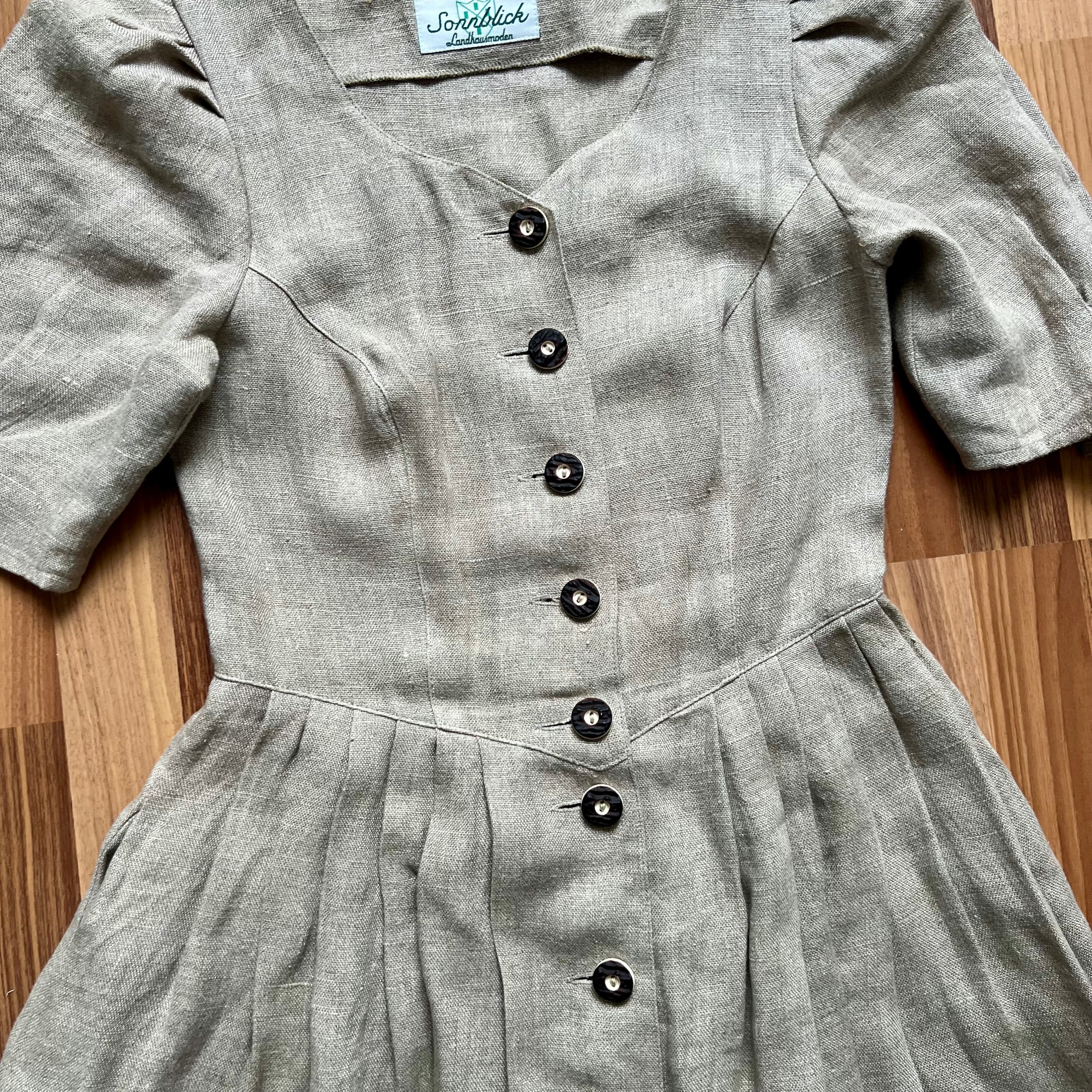 Vintage Brown Linen Trachten Dress Puff Sleeves Austrian Folk Cottagecore Tyrol Dress EU 38