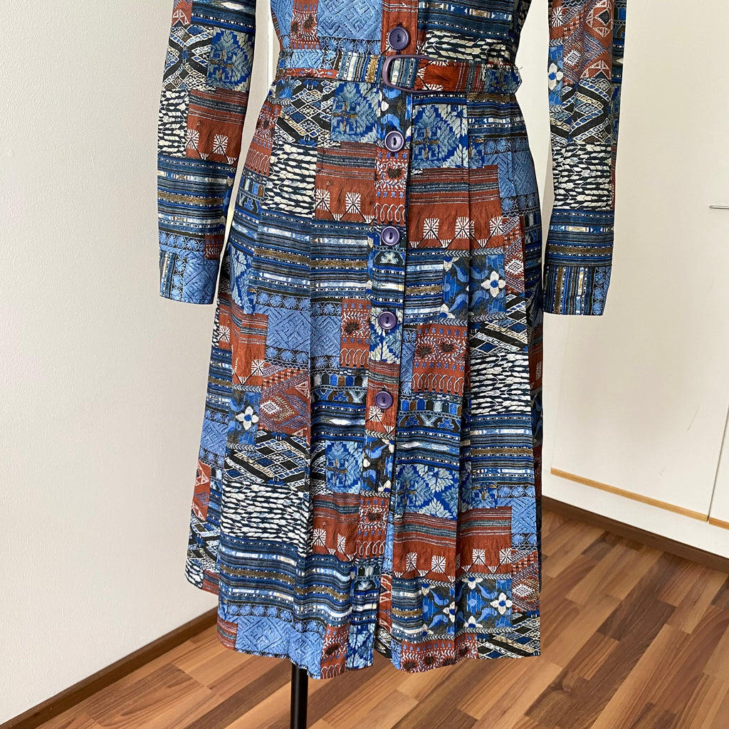 1970s BETTY BARCLAY Boho Shirt Dress-Patchwork Print Belted Hippie Folk Midi Dress
