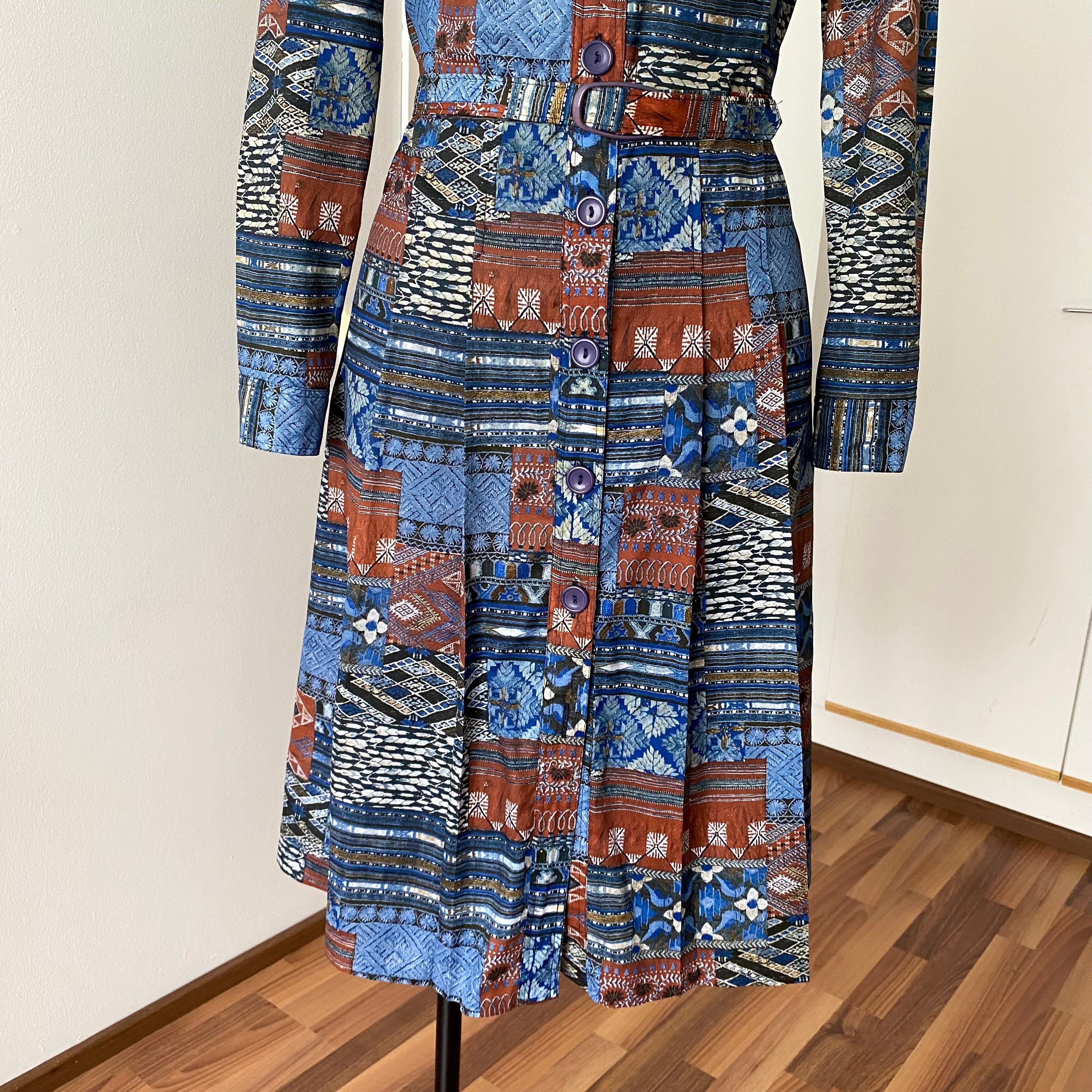 1970s BETTY BARCLAY Boho Shirt Dress-Patchwork Print Belted Hippie Folk Midi Dress
