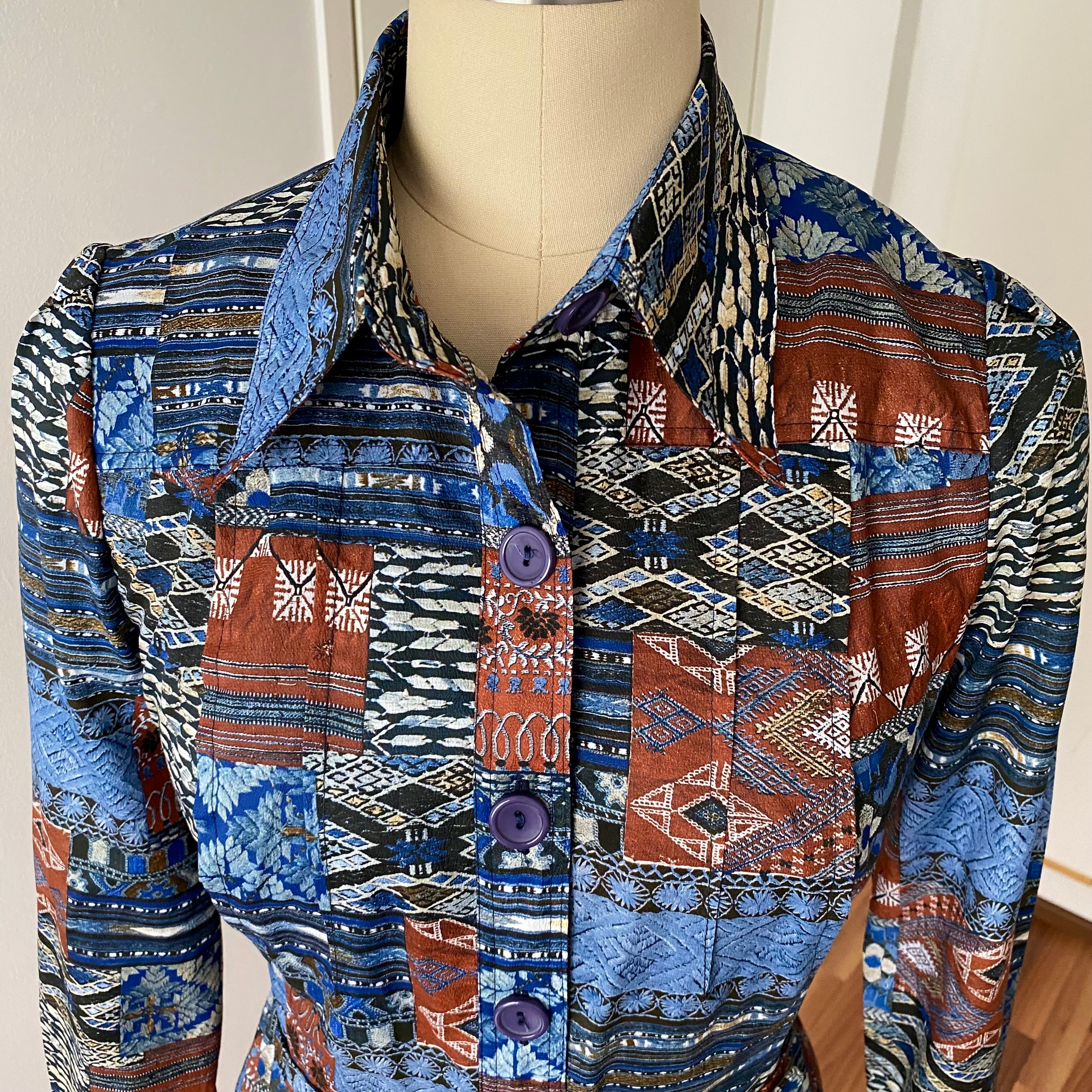 1970s BETTY BARCLAY Boho Shirt Dress-Patchwork Print Belted Hippie Folk Midi Dress