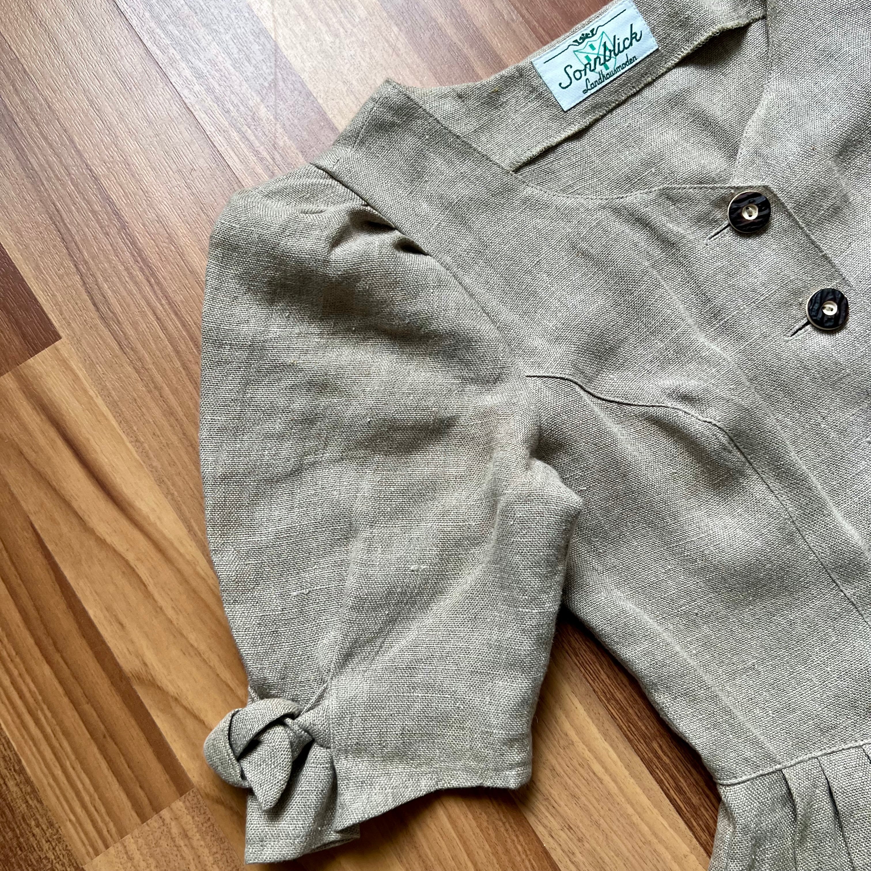 Vintage Brown Linen Trachten Dress Puff Sleeves Austrian Folk Cottagecore Tyrol Dress EU 38