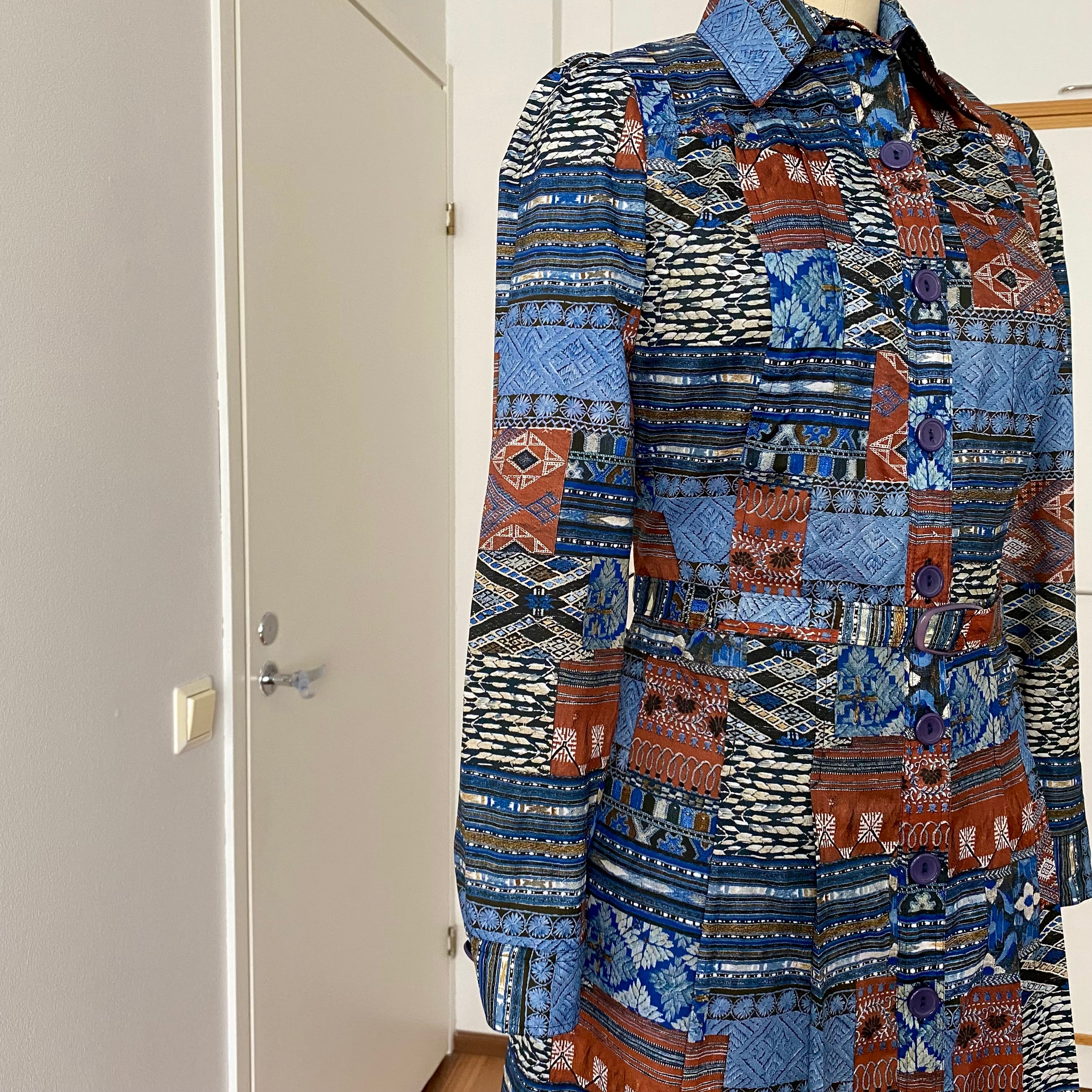 1970s BETTY BARCLAY Boho Shirt Dress-Patchwork Print Belted Hippie Folk Midi Dress