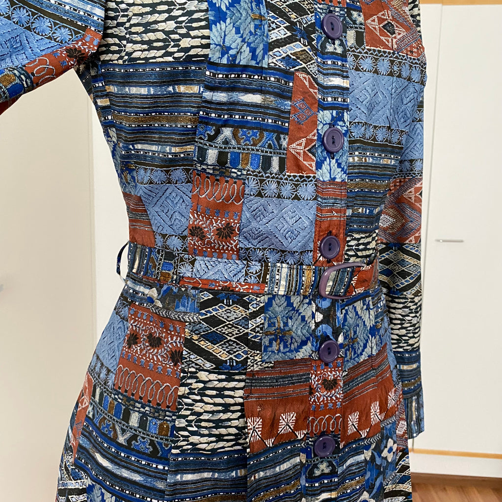 1970s BETTY BARCLAY Boho Shirt Dress-Patchwork Print Belted Hippie Folk Midi Dress