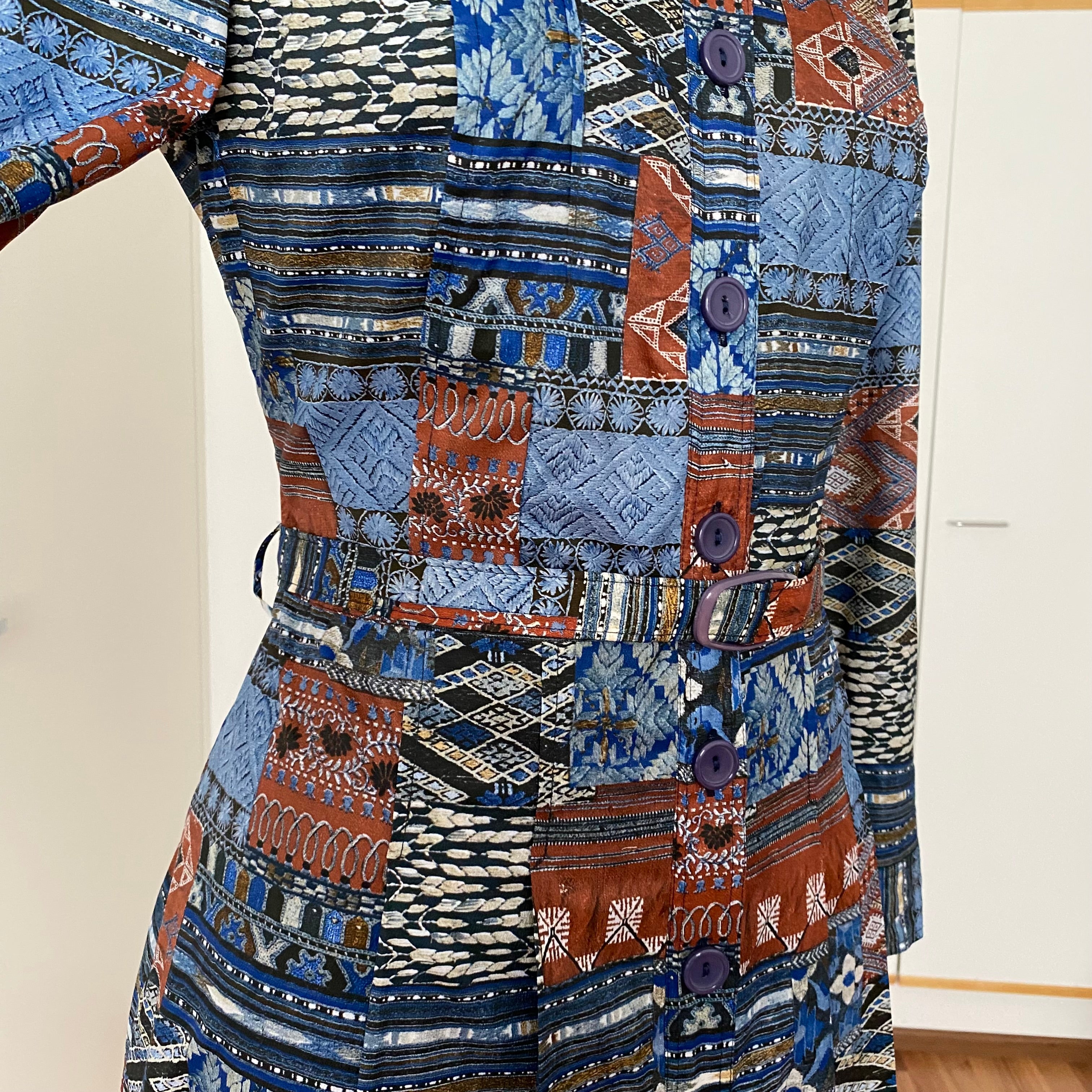 1970s BETTY BARCLAY Boho Shirt Dress-Patchwork Print Belted Hippie Folk Midi Dress