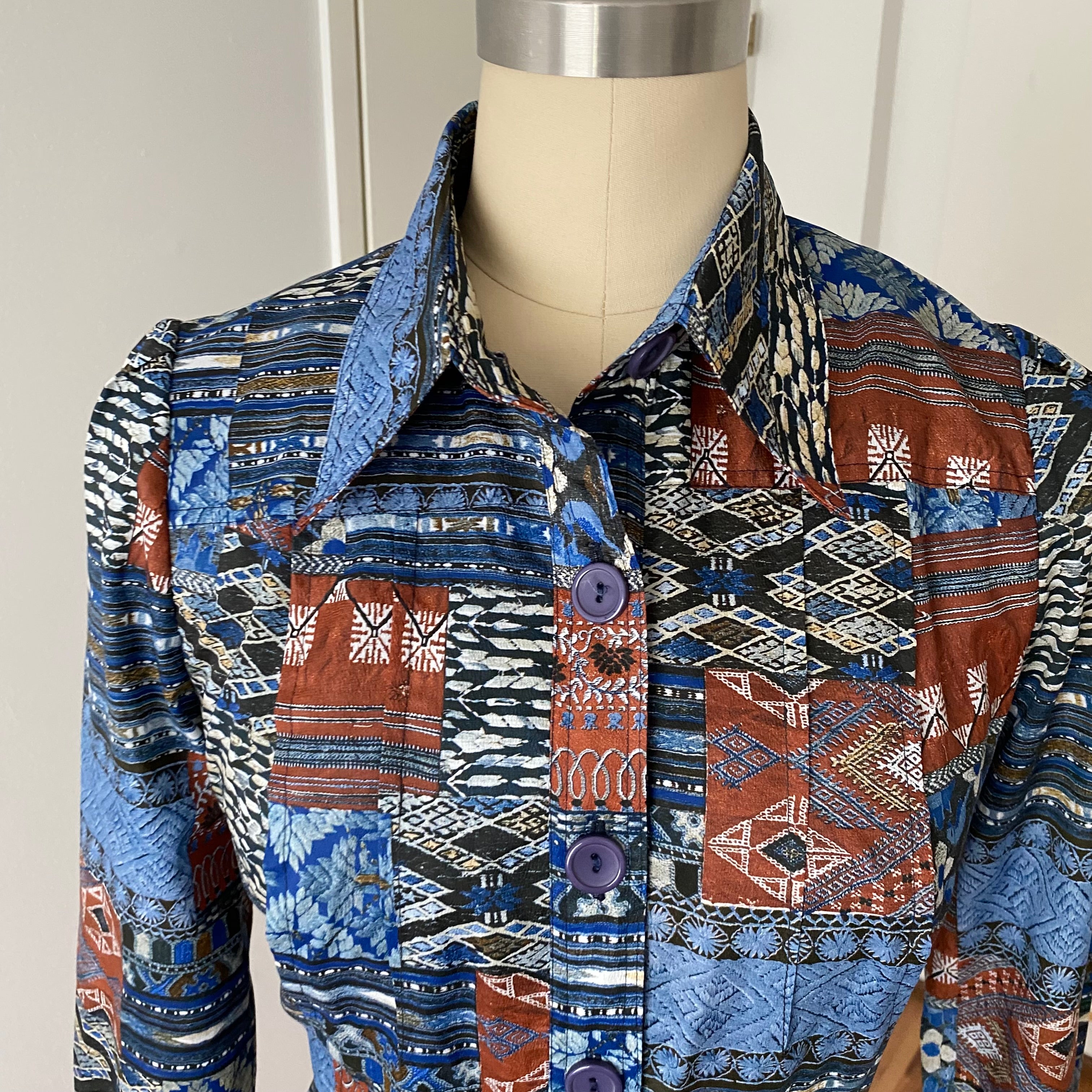 1970s BETTY BARCLAY Boho Shirt Dress-Patchwork Print Belted Hippie Folk Midi Dress