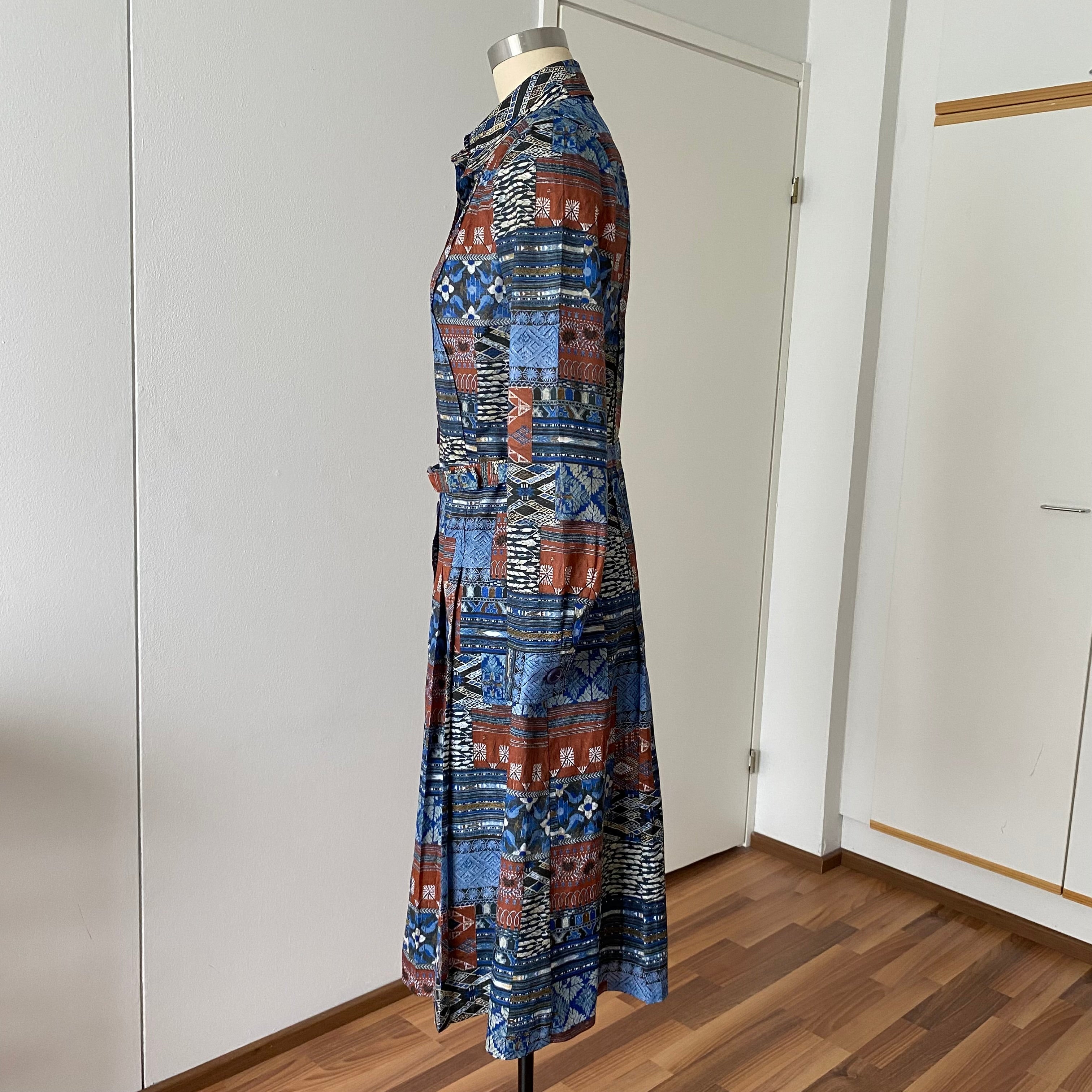 1970s BETTY BARCLAY Boho Shirt Dress-Patchwork Print Belted Hippie Folk Midi Dress