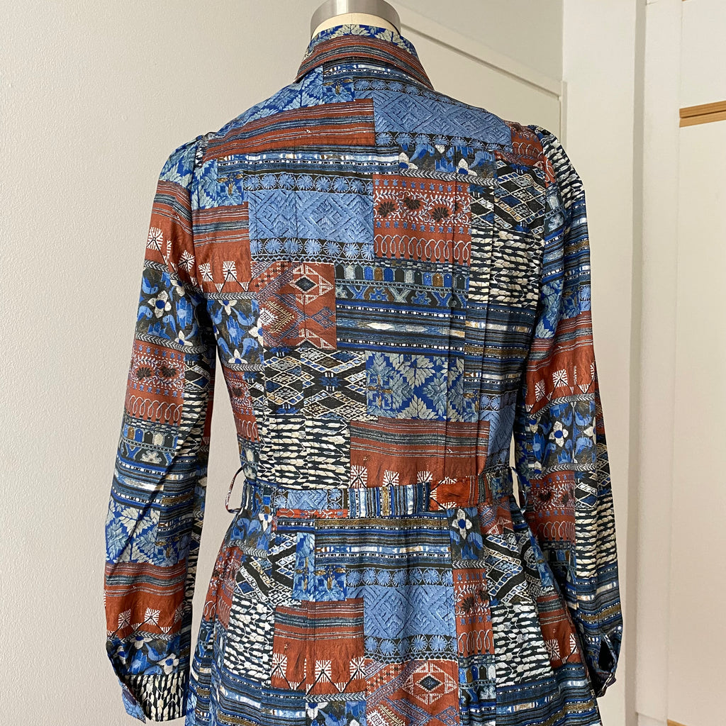 1970s BETTY BARCLAY Boho Shirt Dress-Patchwork Print Belted Hippie Folk Midi Dress