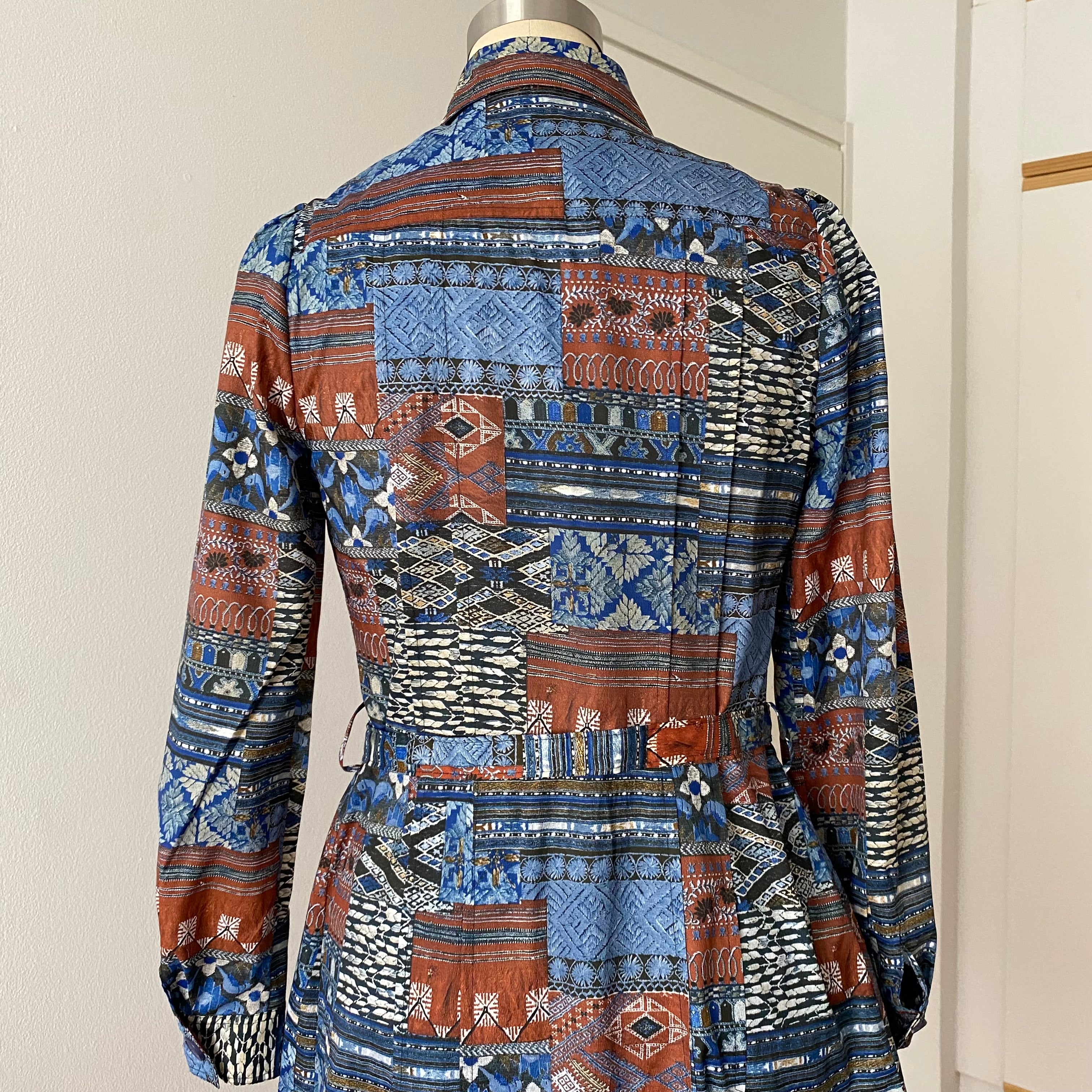 1970s BETTY BARCLAY Boho Shirt Dress-Patchwork Print Belted Hippie Folk Midi Dress