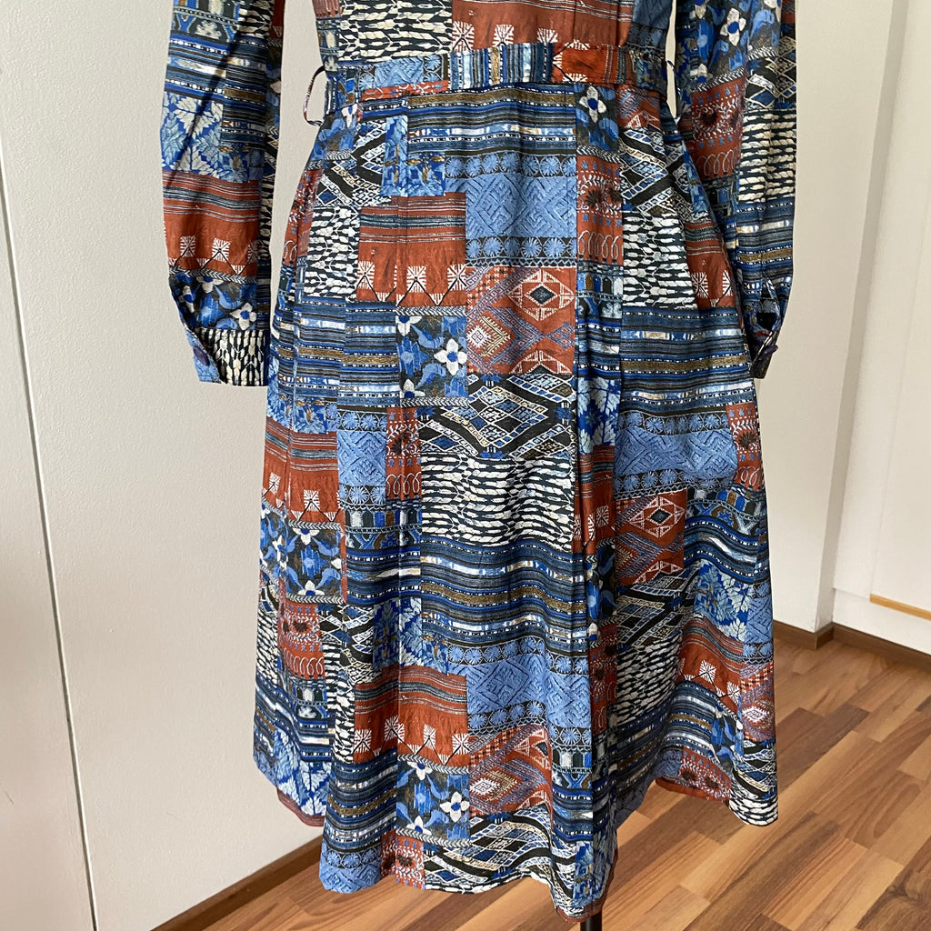 1970s BETTY BARCLAY Boho Shirt Dress-Patchwork Print Belted Hippie Folk Midi Dress